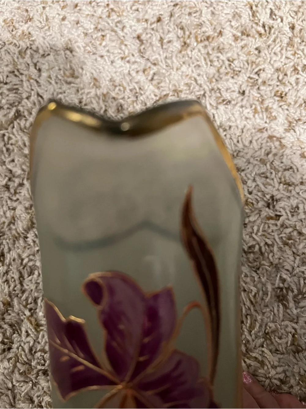 Art Nouveau vase by François-Théodore Legras w/purple irises and gold leaves.